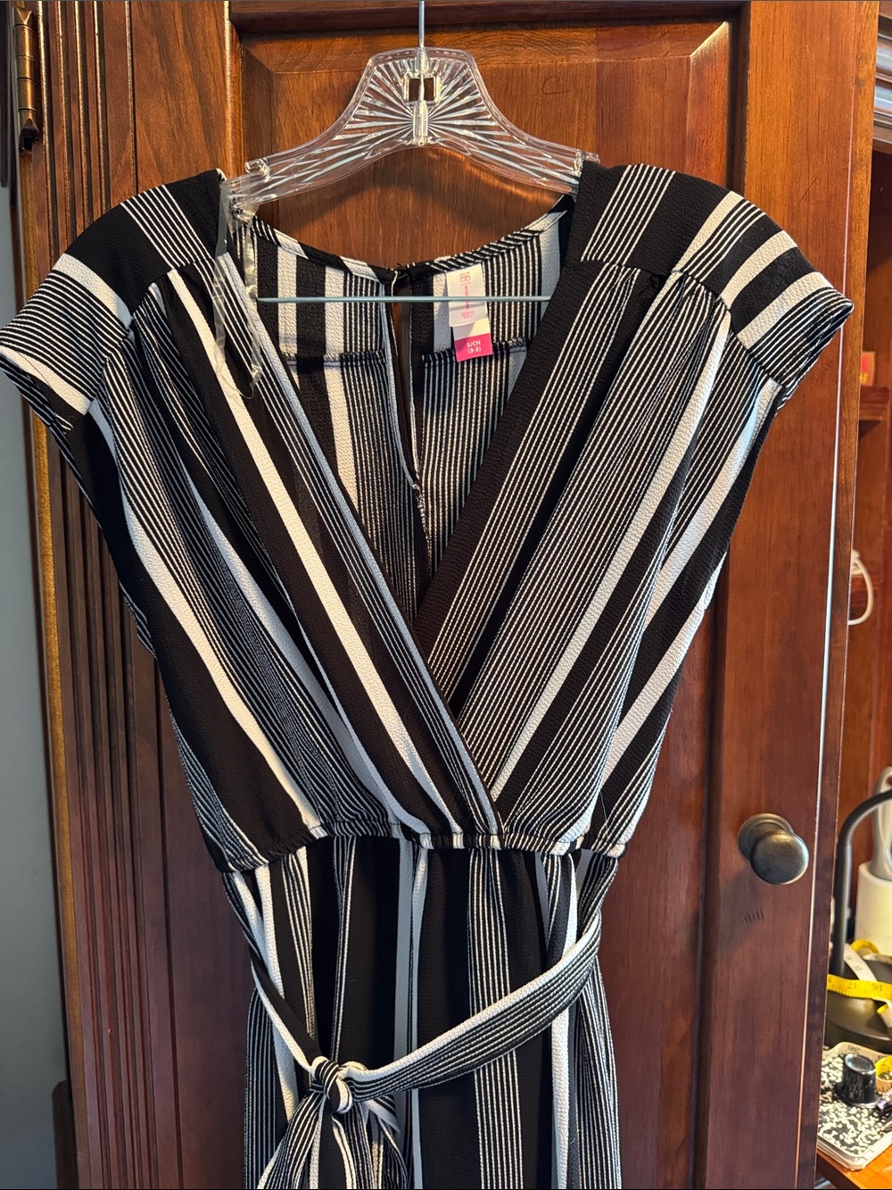 Black and White Striped Women's jumpsuit with Tie Waist
